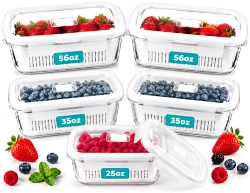 Glass Berry Containers for Fridge, 5 Pack, 2x56oz 2x35oz 1x25oz, with Removable Colanders and Vent Valve Lids, Glass Fruit Storage Containers for Refrigerator, Fresh Produce Storage Set(white) by Unknown