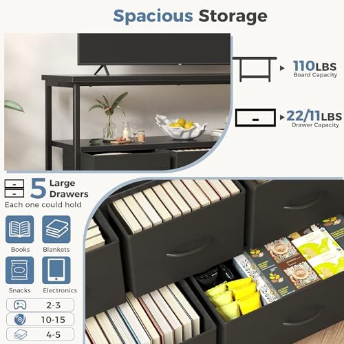 DUMOS TV Stand with 5 Fabric Drawers, Open Shelf & Charging Station - Image 4