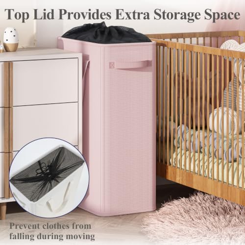 Optish 75L Pink Slim Laundry Hamper, Large Laundry Basket with Handles, Baby Hamper for Nursery, Dorm, Bedroom, Living Room, Collapsible Laundry Basket - Image 4