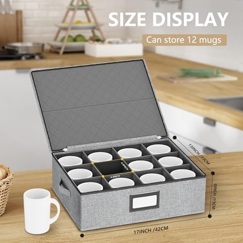homyfort Mug Storage Box with Dividers, China Coffee Mug Storage Containers Holder Organizer Hard Shell, Service for 24 Coffee Mugs or Tea Cups (Grey) - Image 2