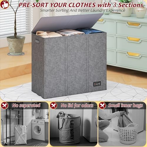 195L Laundry Hamper 3 Section,Large Laundry Hamper with Lid,Dirty Clothes Hamper with 3 Inner Bags,Collapsible Laundry Basket Organizer for Laundry Room,Bedroom,Laundry Sorter Hamper 3 Compartment - Image 3