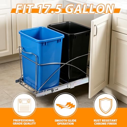 SUPER DEAL Double Pull Out Trash Can for Kitchen Cabinets 35-Quart Under Sink Garbage Sliding Waste and Recycling Bins with Chrome Wire Bottom Mount, 44 lbs Load Capacity, Black & Blue - Image 3