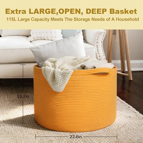 MEGASKET Extra Large 115L Orange Basket, 23.6"x15.7" Woven Cotton Rope Bins for Blankets, XXXL Baby Nursery Laundry Towel Basket, Oversized Kids Dog Toy Storage Box, Orange Living Room Decor Organizer - Image 3