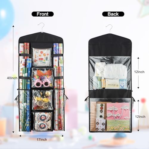 Christmas Wrapping Paper Organizer Storage, Hanging Gift Bag Storage Organizer, Double-Sided Wrapping Paper Holder Storage - Black - Image 3
