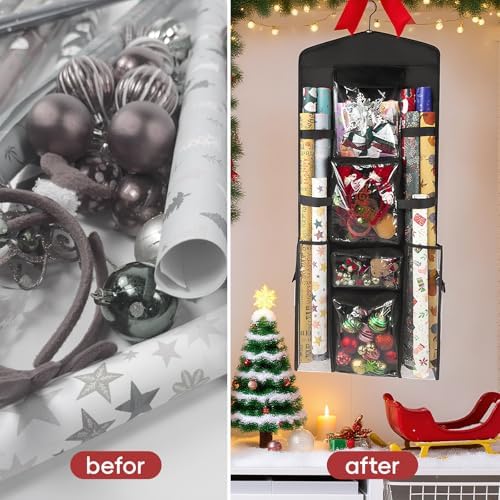 Wrapping Paper Organizer, Double-Sided Hanging, Over Door Gift Wrap Storage with Multiple Pockets, Side Pockets, Elastic Straps, Organize Ribbons, Bows, Tools, Space-Saving Closet,Cabinet Design,Black - Image 4