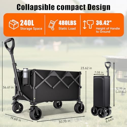 Collapsible Wagon Cart, 480lbs Heavy Duty Wagon with All-Terrain Wheels (Black) - Image 2