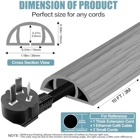 Floor Cord Cover Self Adhesive Cord Hider,10FT Cable Management, Extension Strip Protector for Wires, Prevent Cable Trips for Offices, Gyms, Exhibitions Cavity:0.39"(W) x 0.27"(H) Gray Wood - Image 2