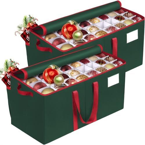 RoomHacks Christmas Ornament Storage Box, Store Up to 128 Ornaments, Christmas Storage Container, Dual Zipper & Adjustable, Large Organizer Bin to Protect and Store Holiday Ornaments (Green-2 Pack) by RoomHacks