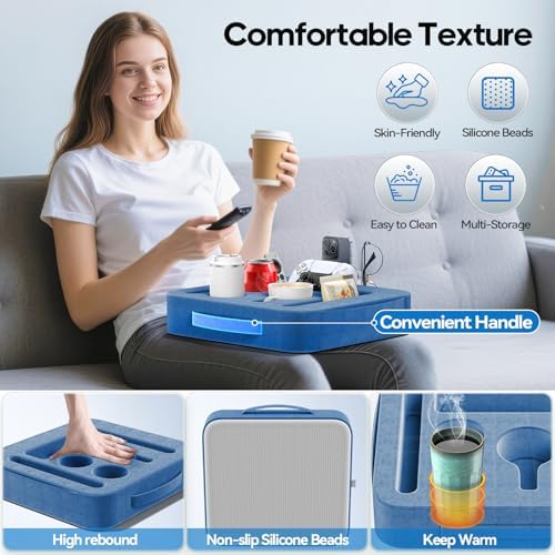Couch Cup Holder Tray, Couch Caddy for Drink, Snack, Phone, Remote, Ipad, Game Controller, Large-size Sofa Cup Holder for Bed, Sofa, Car, Desk, Blue - Image 5