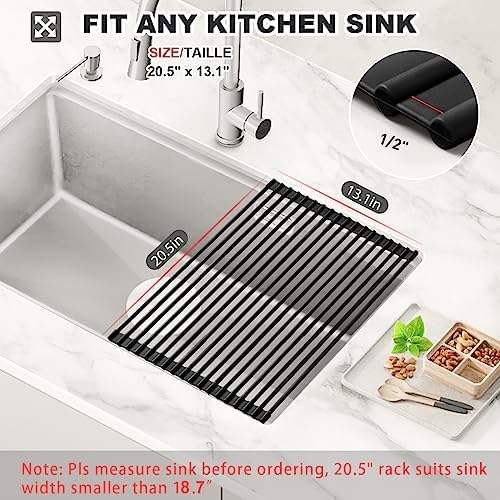 MERRYBOX 20.5" x 13" Roll Up Dish Drying Rack Silicone Wrapped Over The Sink Dish Drying Rack Multipurpose Foldable Sink Drying Mat, Heat-Resistant & Anti-Rust Dish Rack for Kitchen Sink, Large, Black - Image 2