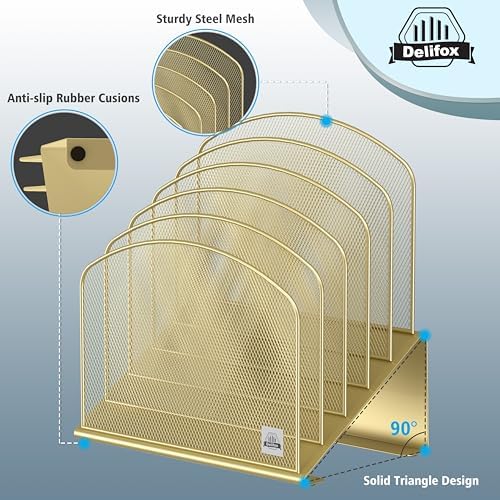 Delifox Inclined Desk File Organizer,Vertical File Folder Holder Stand Metal Rack File Sorter for Office Classroom Desktop Organization (1, Gold, 5) - Image 3