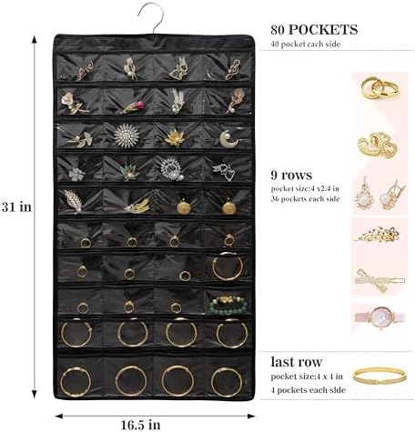 2 PACK (Each Pack 80 Pockets,Total 160 Pockets) Hanging Jewelry Organizer with Hanger Metal Hooks Storage On Wall Door Closet Double-Sided Jewelry Holder for Earrings, Necklaces, Rings (2 Pcs Black) - Image 2