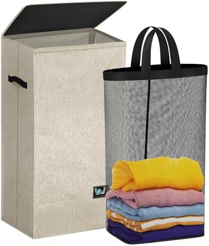 WTREE Laundry Hamper with Lid, Reinforced Sturdy Clothes Hamper with Anti-Puncture Base, Large Collapsible Laundry Basket with Removable Liner Bag, Tall Dirty Clothes Bin for Family, 100L Beige by WTREE