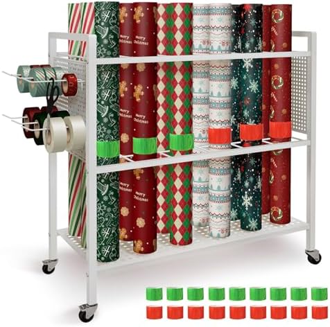 Wrapping Paper Organizer Storage with Wheel Cart, 18 Slap Bands & 6 hooks by Unknown