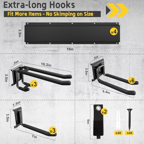 64" Garage Wall Tool Organizer, 900 Lbs Heavy Duty Steel Garden Tool Storage Rack & Garage Organization for Yard, Shed, Garage - 12 Longer & Thicker Hooks + 2 Straps - Image 2