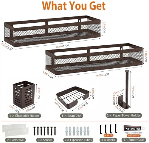 PUSDON 5-in-1 16.5" Extra Long Slim Wall Mount Wrapped Mesh Kitchen Organizer & Shower Caddy Kit, with Paper Towel Holder, Utensil Holder, Soap Dish, Holds 50LBS - Vintage Bronze, Netting - Image 2