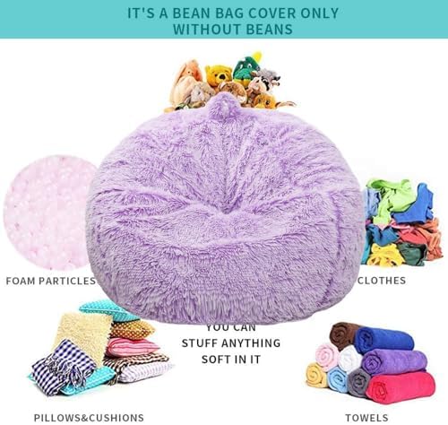Fluffy Stuffed Animal Storage Bean Bag Chair Cover (No Filler), Faux Fur Comfy Bean Bag Cover for Organizing Plush Toys or Textile, for Adults Teens Kids Girls, Lavender - Image 3