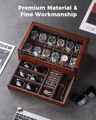 ProCase High End Wooden Watch Box for Men, 2-Layer Wood Watch Display Case Men's Jewelry Organizer Box with Drawer -12 Slot, Walnut - Image 7