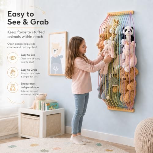 Stuffed Animal Storage Wood Soft Toy Organizer for Kids Room，Cute and Durable Wall or Door Mount Length Adjustable Hanging Stuffed Animal Toy Organizer Shelf for Nursery Play Room Rainbow -Patent - Image 3
