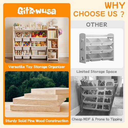GITAWUSA Kids Bookshelf & Toy Organizer, 3-Tier Shelf/9 Bins, Natural, Pine - Image 6