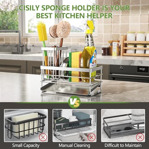 Cisily Sink Caddy Sponge Holder for Kitchen with Brush Holder and Stainless Steel Self Drain Tray, Rustproof Kitchen Sink Organizer for Sponge, Soap Dispenser Storage Accessories - Image 2