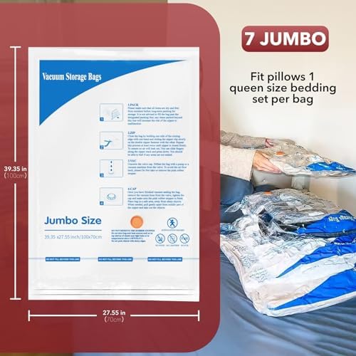 MEIQIHOME Vacuum Storage Bags, Space Saver Sealer Bags,Vacuum seal bags for clothing, Pillows, Comforters, Blankets, Bedding,Travel,7 Jumbo - Image 4