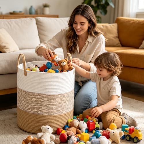 Large Laundry Hamper, Woven Rope Basket with Sturdy Handles-Yellow - Image 4