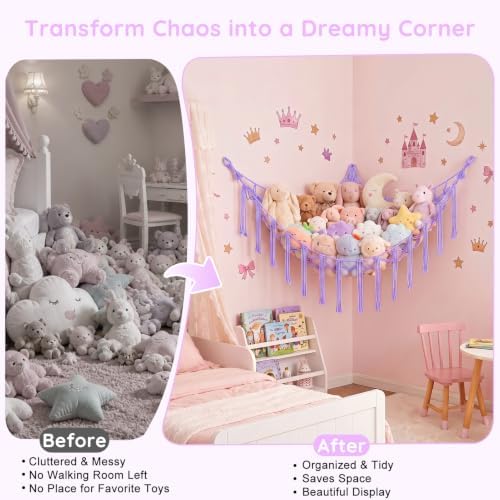 Basumee Stuffed Animals Hammock with LED Light Corner Net, Girls Room Decor - Image 2