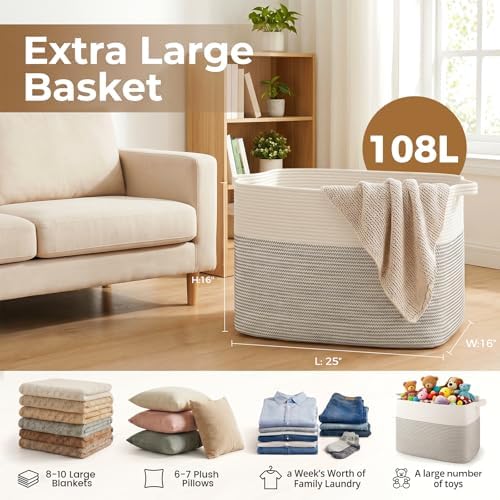 OIASKET 108L Cotton Rope Storage Basket for Living Room and Bedroom 25"x16"x16" Woven Laundry Basket, Heavy Duty Bin for Blankets, Pillows & Toys, Pet-Safe & Scratch-Free, Black and White - Image 2