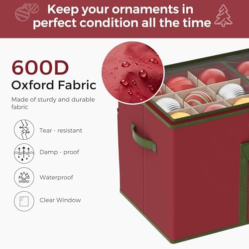 Large Christmas Ornament Storage Box, Dual Zippers, Stackable Christmas Storage Container with Clear Top Lid, 6 Trays, 600D Oxford, Fits 54-4”, Red - Image 4