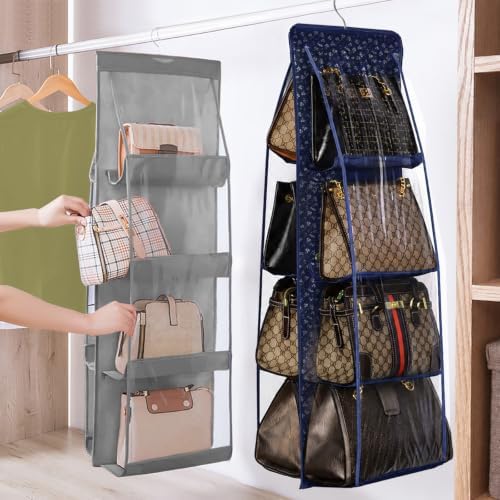 Lirex Handbag Hanging Purse Organizer for Closet, 8 Pocket Handbag Storage Organizer Hanger Oxford Cloth Closet Organizer for Family Closet Bedroom, Foldable and Universal Fit, Blue White Floral - Image 2