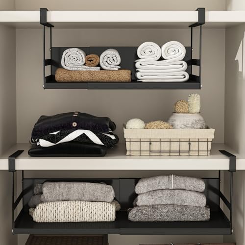 Expandable Under Cabinet Shelf Organizer with 0.94 Inches Thick Clips, Heavy Duty Extendable Under Shelf Storage Basket for Pantry or Laundry Room, Black, 1 Pack, Interior: 5.7" H x 8.54" D - Image 2
