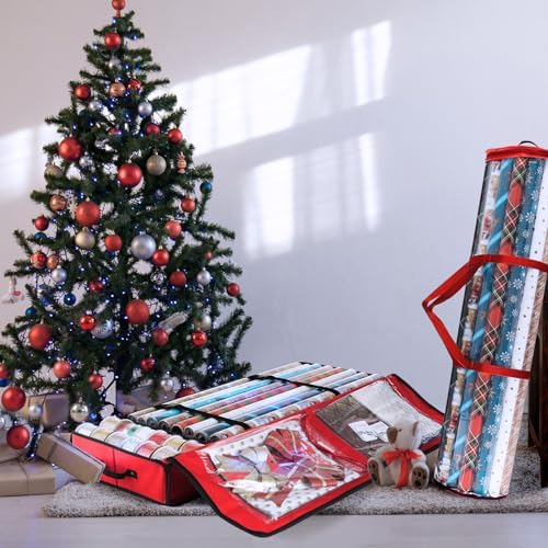 Hearth & Harbor Wrapping Paper Storage Container and Clear Wrap Paper Holder - Christmas Storage Bag with Interior Pockets - Fits Up to 36 Rolls of 40" - Tear Proof, Red - Image 2