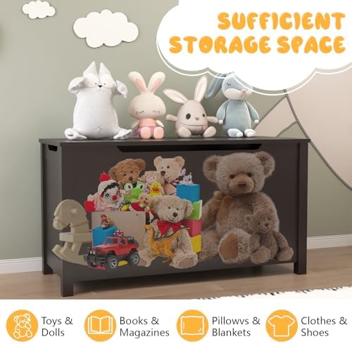 Kids Toy Box Chest, Large Wooden Storage Trunk Bench with Safety Hinged Lid for Ages 3+, Dark Brown - Image 4