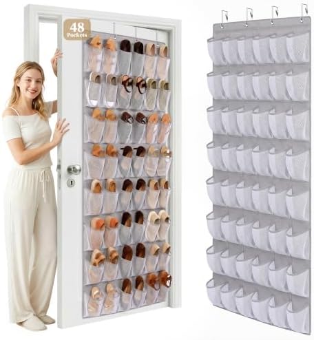 48 Pockets Over the Door Shoe Organizer, Mesh Hanging Shoe Rack for Women, 6-Column Heavy Duty Shoe Storage for Sneakers & Heels, Behind Door Holder for Entryway Bedroom Dorm College, Gray by ORDOVIBE