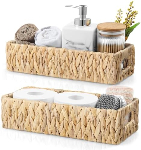 dreamkey Toilet Basket Tank Topper, Set of 2 Water Hyacinth Wicker Bathroom Storage Baskets, Back of Toilet Organizer for Toilet Paper, Towels, Toiletries, Hand Woven Nesting Baskets with Handles by Unknown