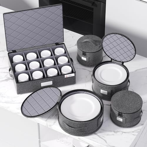 China Storage Containers Hard Shell Box for Moving Dishes, Plate, Wine and Glasses, Dinnerware, Mugs, Saucers Quilted Organizer Dividers for Packing Fine China Storage Containers 5Piece Grey - Image 5