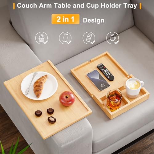 Bestjing 2 in 1 Bamboo Couch Cup Holder Tray with Double Holder Tray - Image 2