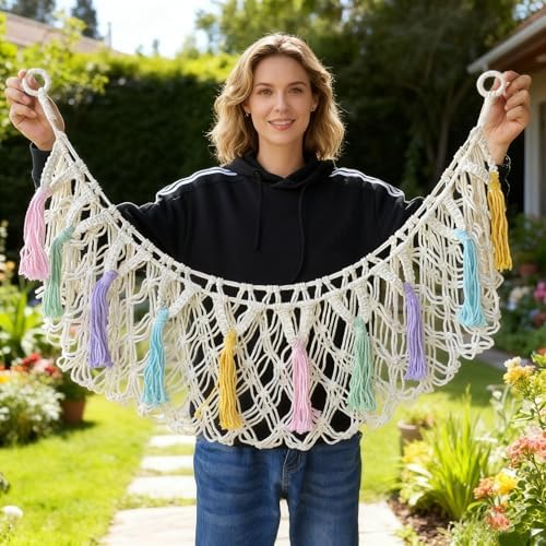 Large Cotton Rope Weaving Stuffed Animal Storage Plush Toy Net Wall Hanging Hammock Organizer Holder with Colorful Tassel for Nursery Room Boho Deco - Image 2