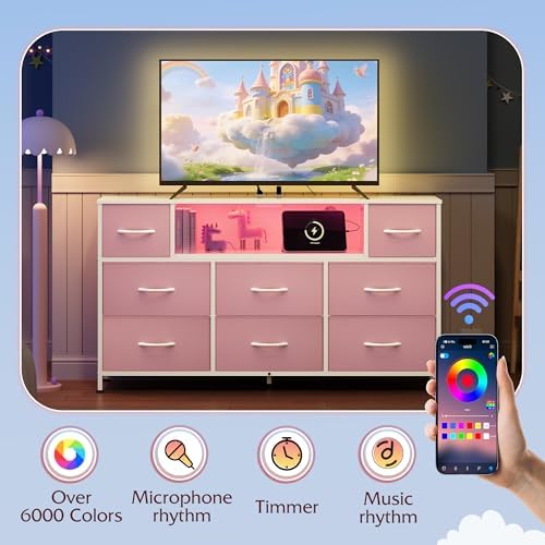 WLIVE LED Dresser TV Stand for 55 Inch TV, 8 Fabric Drawers, Pink Dresser - Image 5