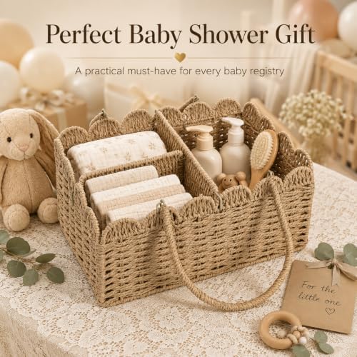Large Wicker Diaper Caddy Organizer, Scalloped Nursery Basket for Changing Table, Woven Rope Baby Holder with Removable Divider, Portable Organizer for Diapers Wipes Clothes Toys & Essentials (Khaki) - Image 7