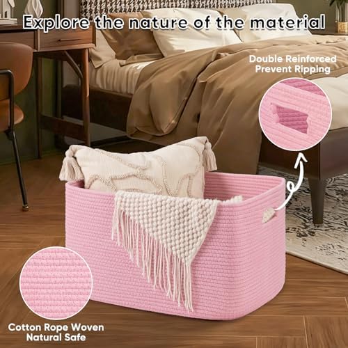 OIAHOMY 75L Large Blanket Basket Woven Storage Basket with Handle Pink - Image 5