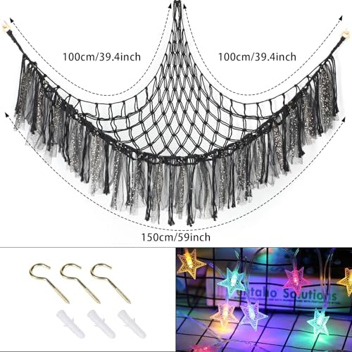 Stuffed Animal Hammock with LED Lights - 59 Inch Large Toy Storage Net for Kids Bedroom, Wall-Mounted Plush Organizer with Wooden Rings, Nursery Decor (Handwoven, Black) - Image 2