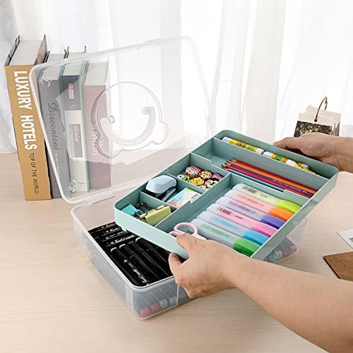 BTSKY 2-Tier Cute Bear Storage Box with Removable Divided Tray Portable Clear Plastic Art Craft Supply Organizer Stackable Home Office Supplies Storage Container for Pens Notes A4 papers etc (Blue) - Image 2