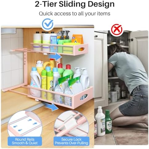 Under Sink Organizer, 2 Pack 2 Tier Pull Out Under Cabinet Organizer Shelf with Pad for Framed Cabinets, Metal Slide Out Under Sink Storage, Mesh Sliding Drawers for Kitchen Bathroom Laundry, Pink - Image 4
