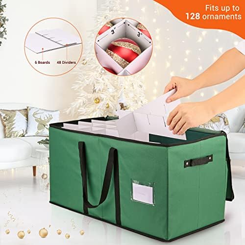 Christmas Ornament Storage Box, Mrrihand Xmas Decoration Organizer with Adjustable Dividers - Storage Container Keeps 128 Holiday Ornaments 3-Inch, Dual Zipper Closure, 600D Tear-Proof Material(Green) - Image 2
