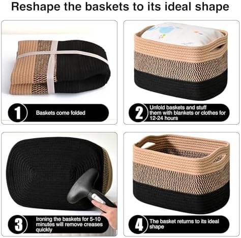 ICERZCZ Storage Baskets for Organizing Shelves, Decorative Baskets for Storage, Woven Cotton Rope Basket for Living Room Bedroom Nursery, 15"x11"x9.5", 3 Packs, Gradient Black & Jute - Image 7