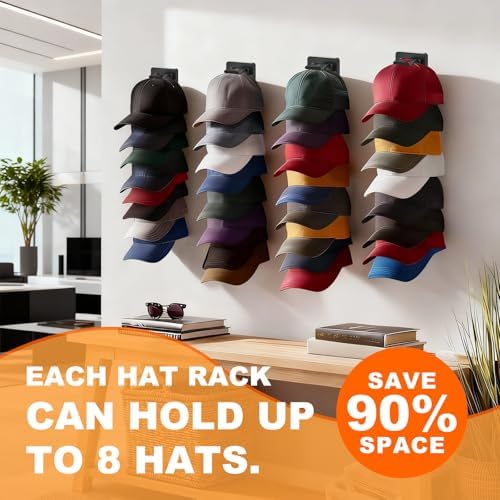 4 Pack Hat Organizer for Baseball Caps, Wall-Mount Hat Rack for Closet Door - Image 6