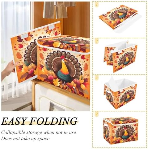 Thanksgiving Turkey Storage Bins with Lids and Carrying Handle,Foldable Storage Boxes Organizer Containers Baskets Cube with Cover for Home Bedroom Closet Office - Image 4