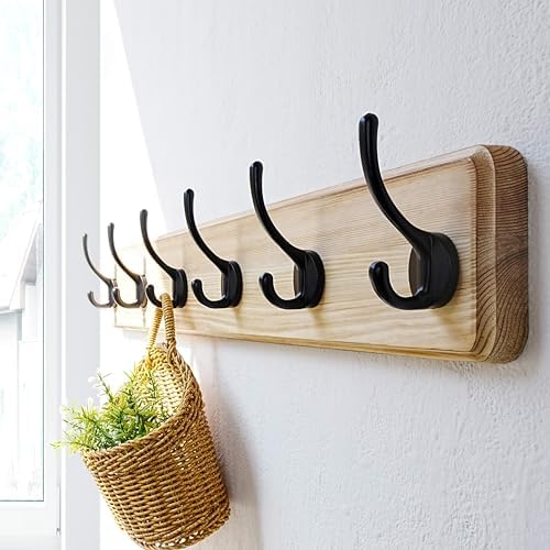 Dseap Coat Rack Wall: 24" Long, Patented, Heavy-Duty, 6-Double-Hooks Wooden Wall Mounted Coat Rack Coat Hanger Hook Rail for Winter Coats Hat Jacket Clothing, Light Brown, Pack of 2 - Image 2